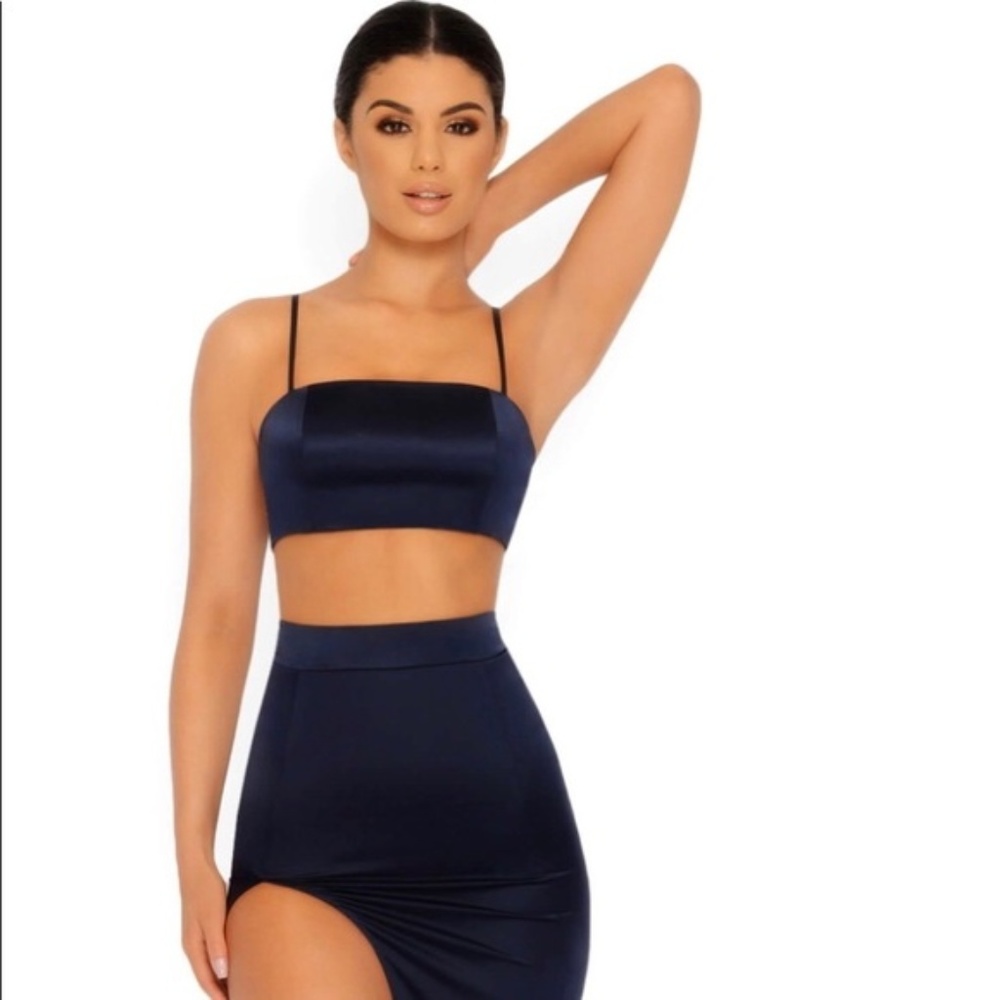 Brand New  Split Satin Navy Two Piece Set